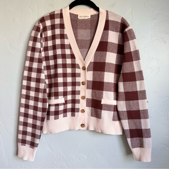 78&Sunny Sweaters - 78 & Sunny Alumni Double‎ Plaid Cardigan Medium Cream Cocoa EUC Cottage Preppy